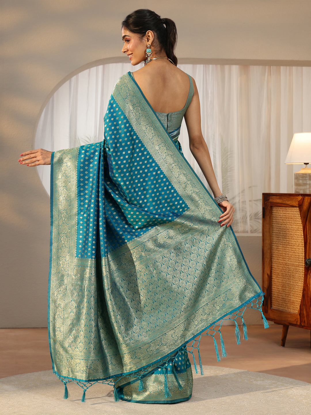 Libas Teal Blue Banarasi Silk Blend Saree