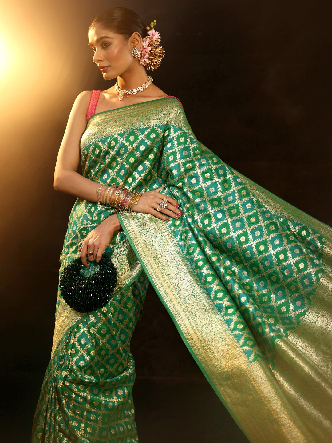 Libas Sea Green Banarasi Silk Blend Saree