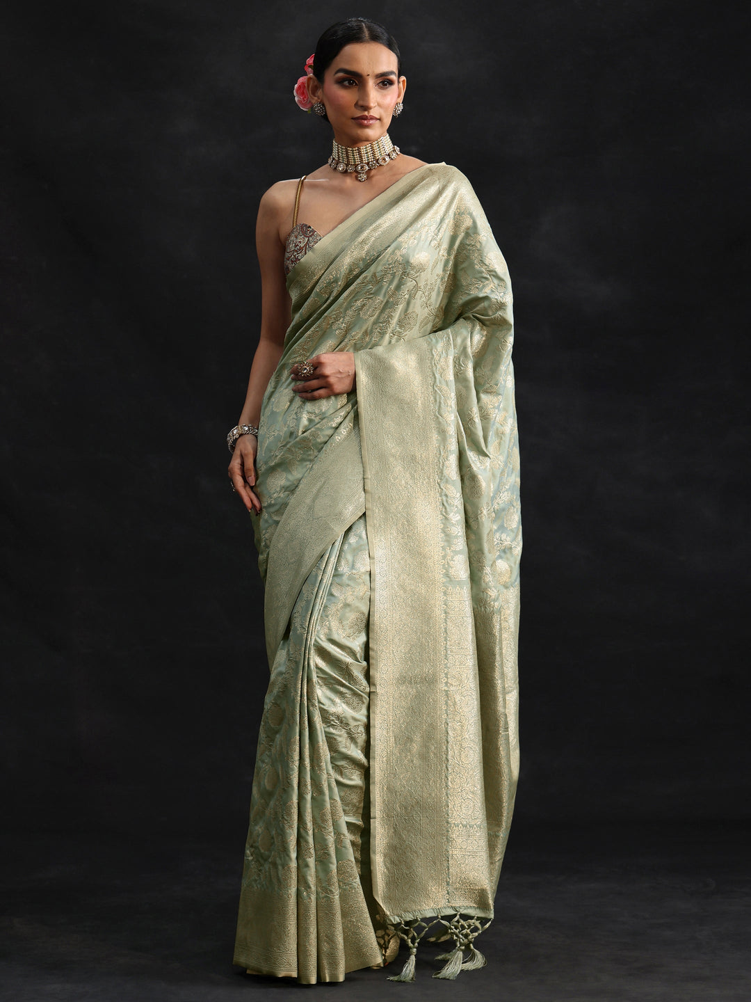 Libas Mint Green Banarasi Silk Blend Saree