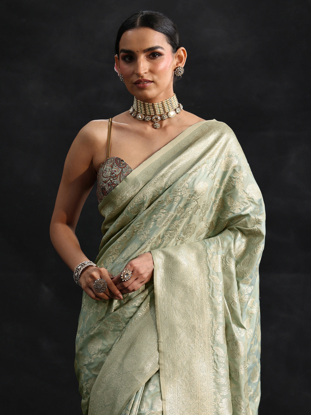 Libas Mint Green Banarasi Silk Blend Saree