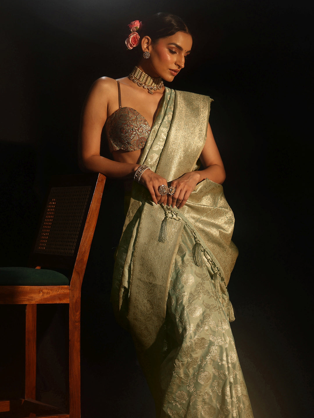 Libas Mint Green Banarasi Silk Blend Saree