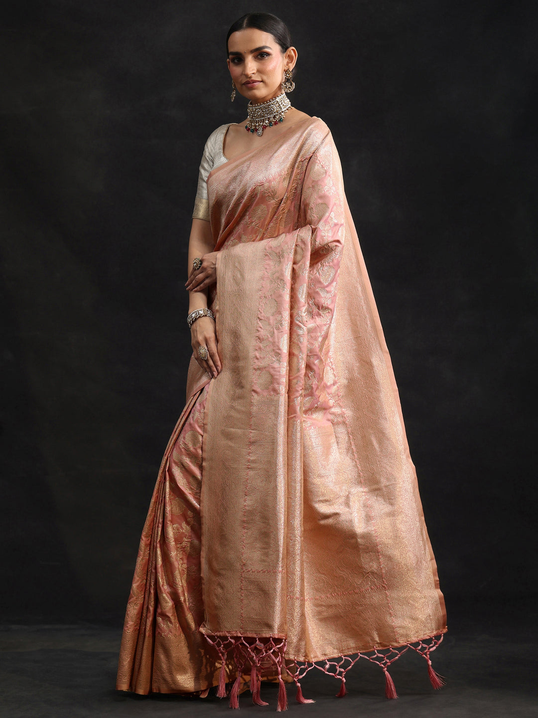Libas Baby Pink Banarasi Silk Blend Saree