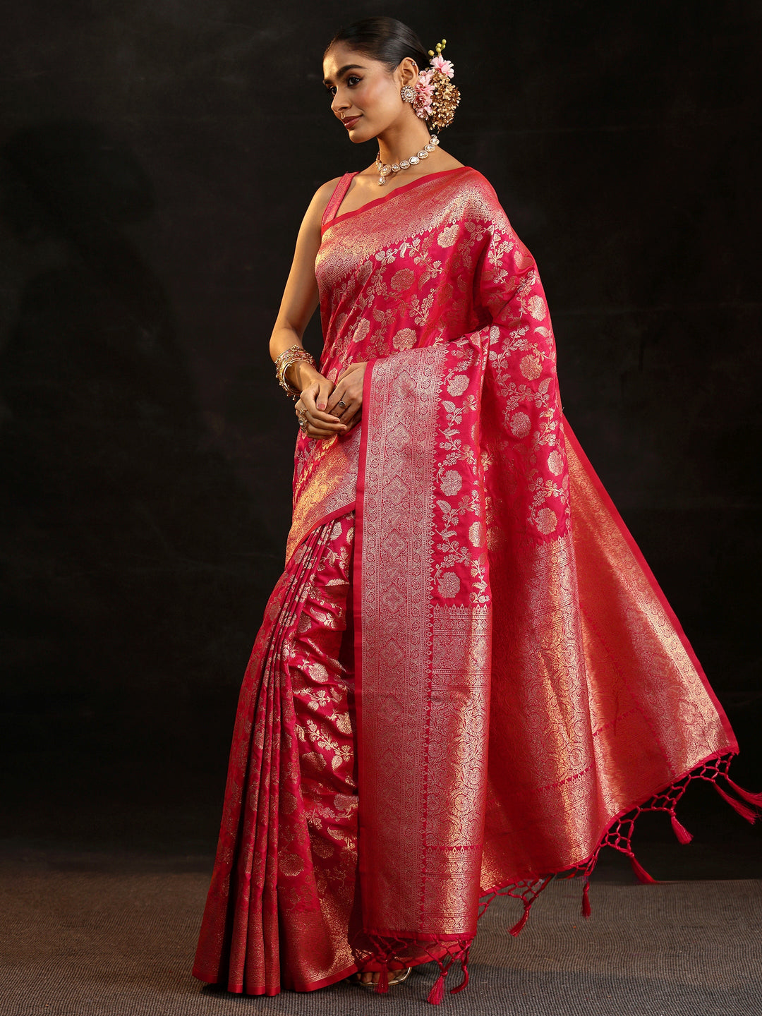 Libas Rani Pink Banarasi Silk Blend Saree