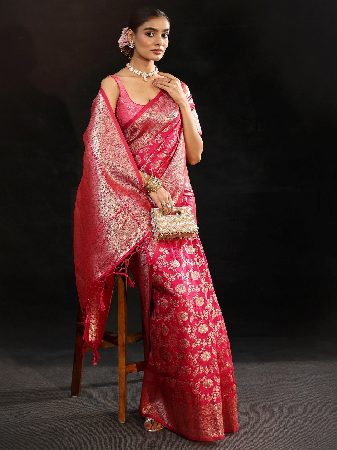 Libas Rani Pink Banarasi Silk Blend Saree