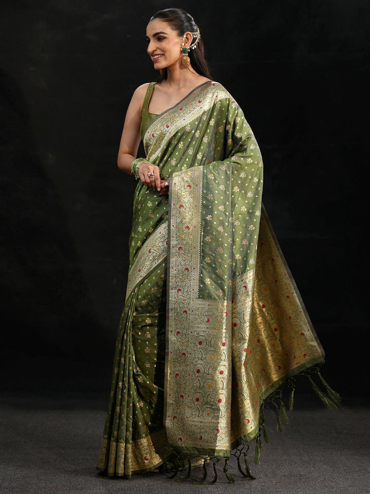 Libas Olive Green Banarasi Silk Blend Saree