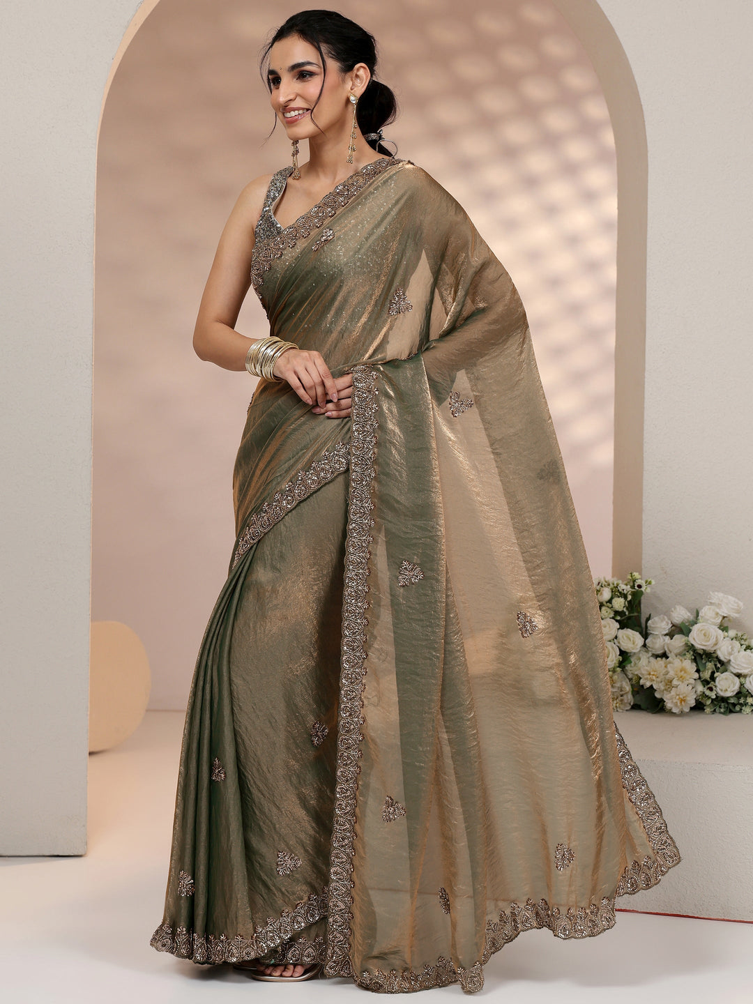 Libas Metallic Olive Green Embellished Tissue Saree
