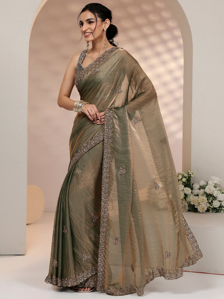 Libas Metallic Olive Green Embellished Tissue Saree