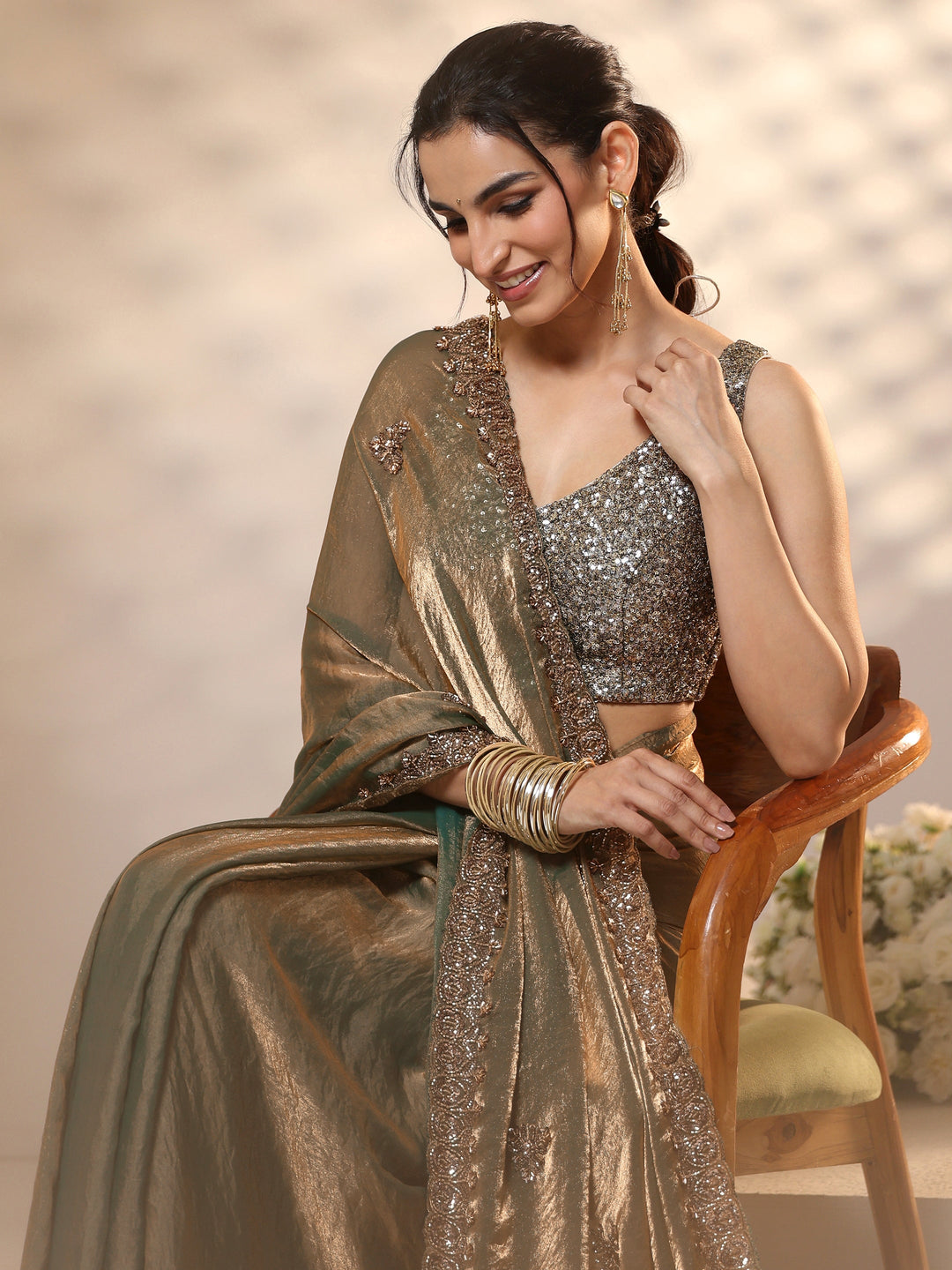 Libas Metallic Olive Green Embellished Tissue Saree