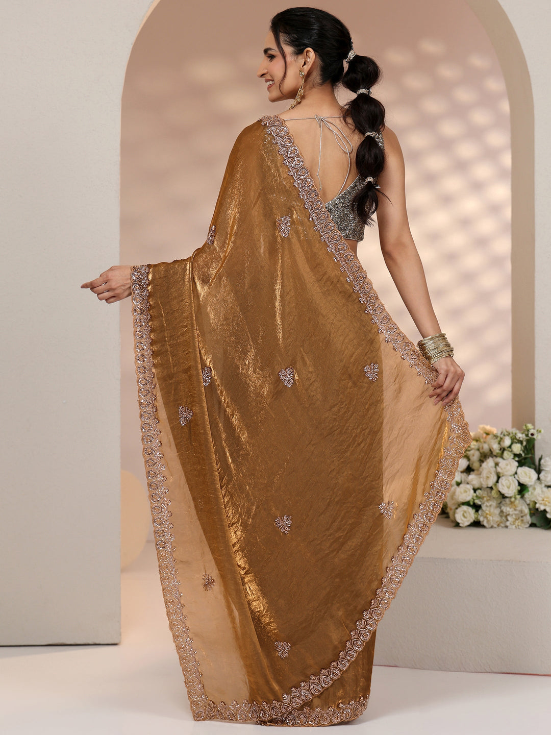 Libas Brown Embellished Tissue Saree