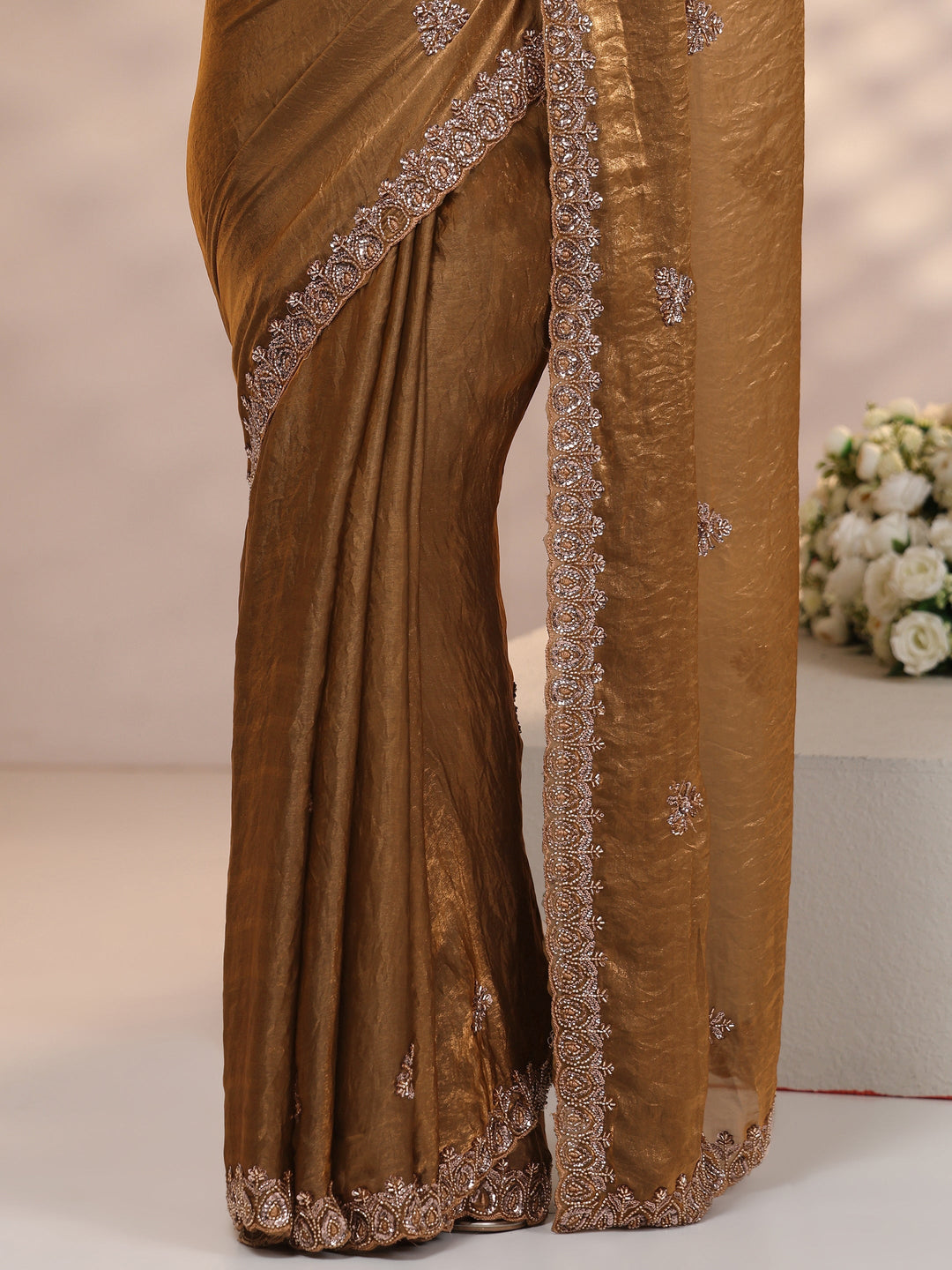 Libas Brown Embellished Tissue Saree
