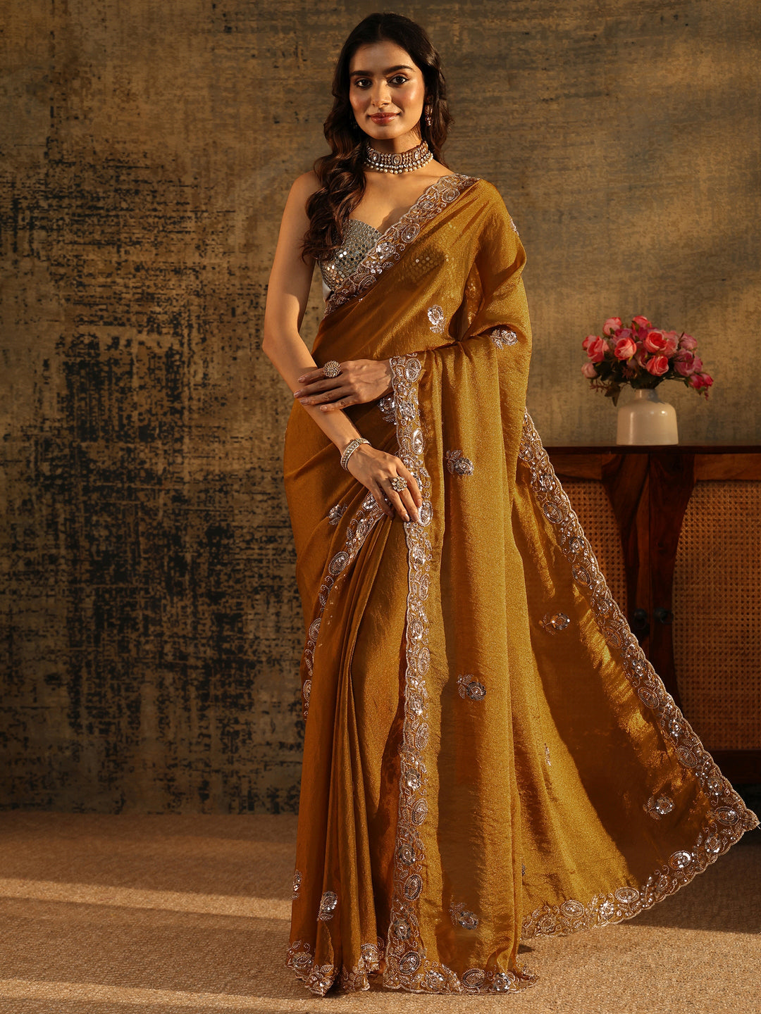 Libas Art Antique Gold Sequin Embellished Georgette Saree