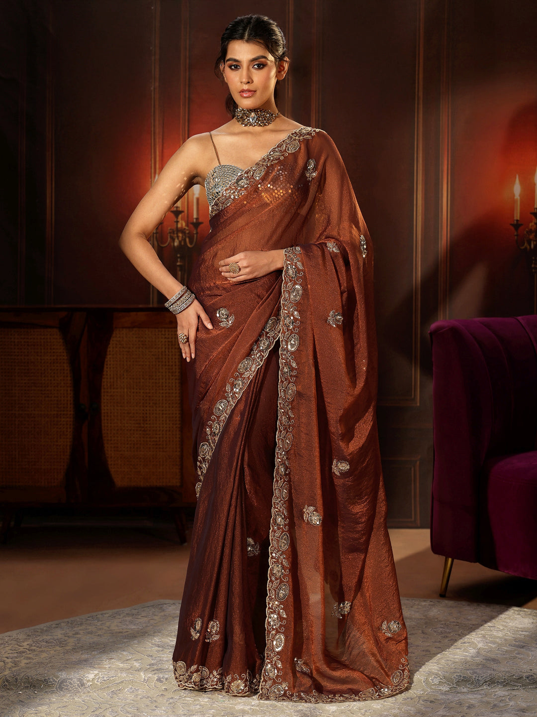 Libas Art Rust Brown Embellished Tissue Saree