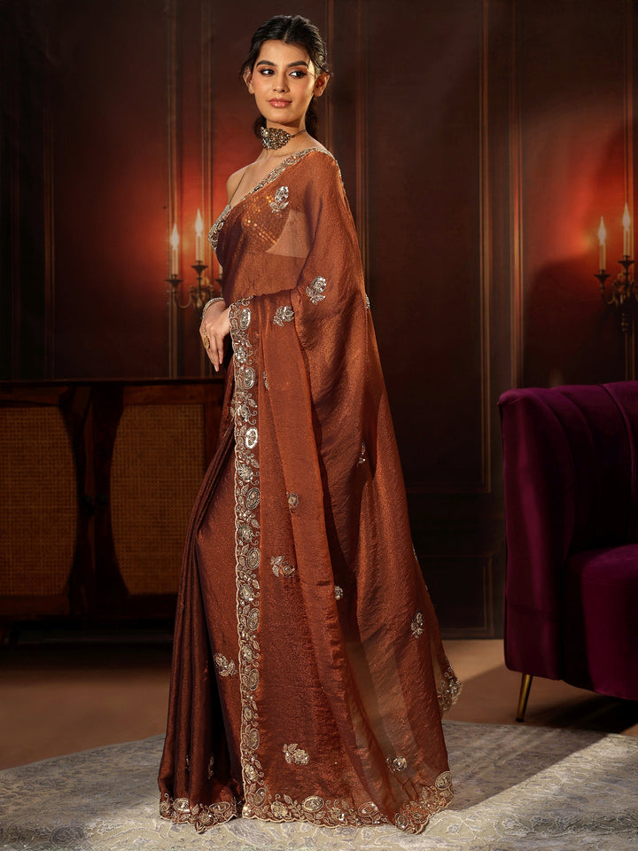 Libas Art Rust Brown Embellished Tissue Saree