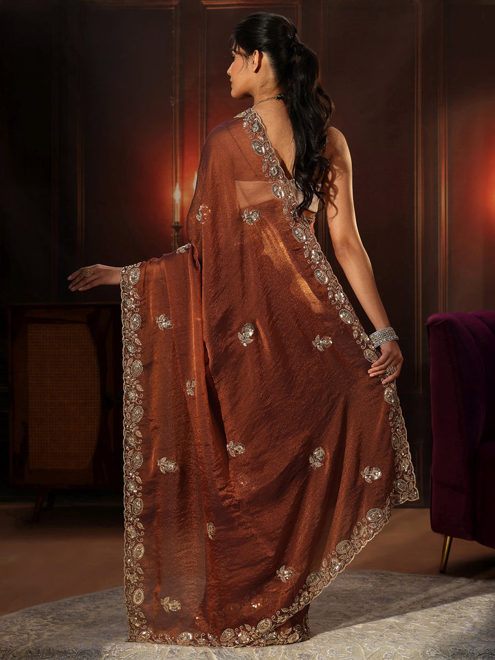 Libas Art Rust Brown Embellished Tissue Saree