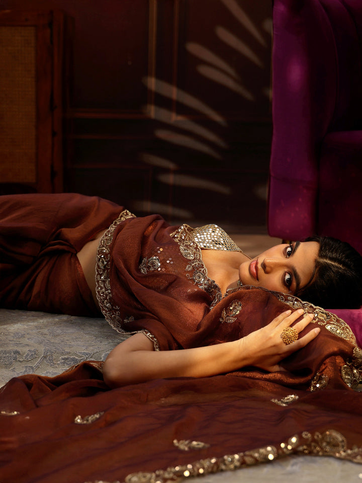 Libas Art Rust Brown Embellished Tissue Saree