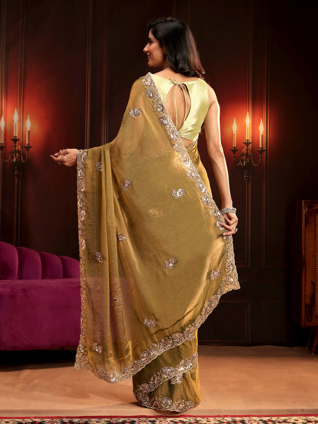 Libas Art Henna Green Floral Embellished Tissue Saree