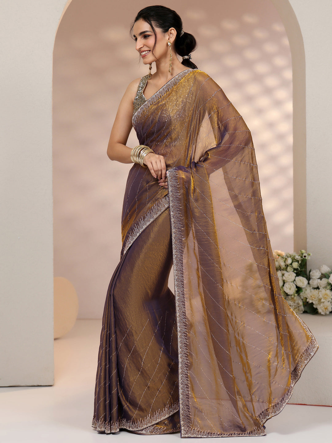Libas Lavender Stone Work Striped Embellished Tissue Saree