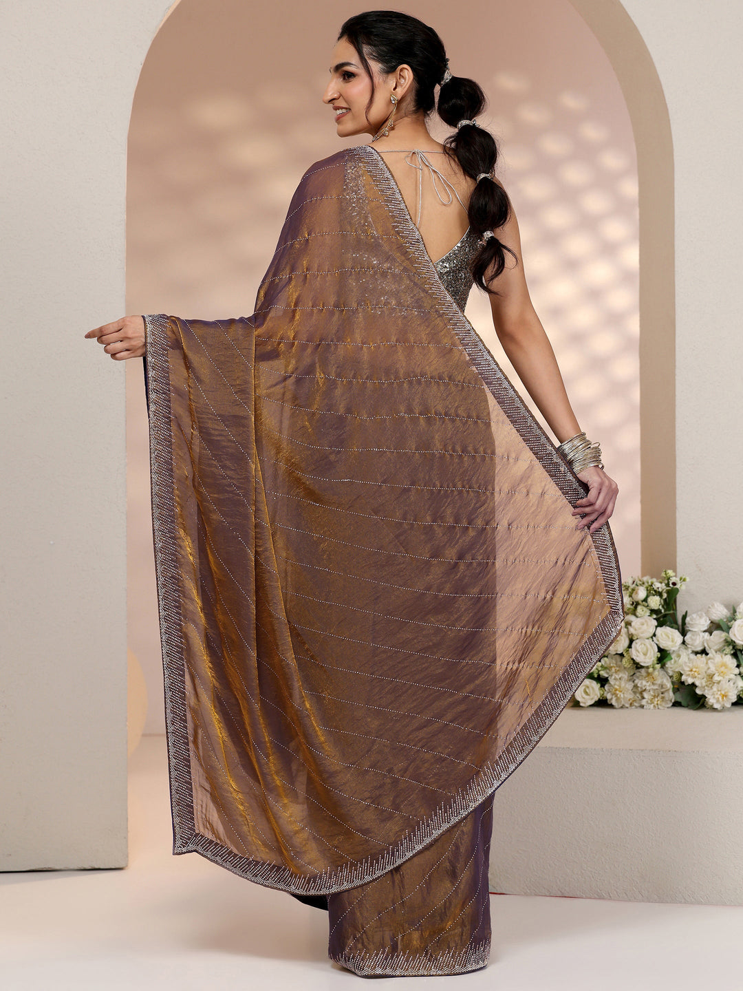 Libas Lavender Stone Work Striped Embellished Tissue Saree