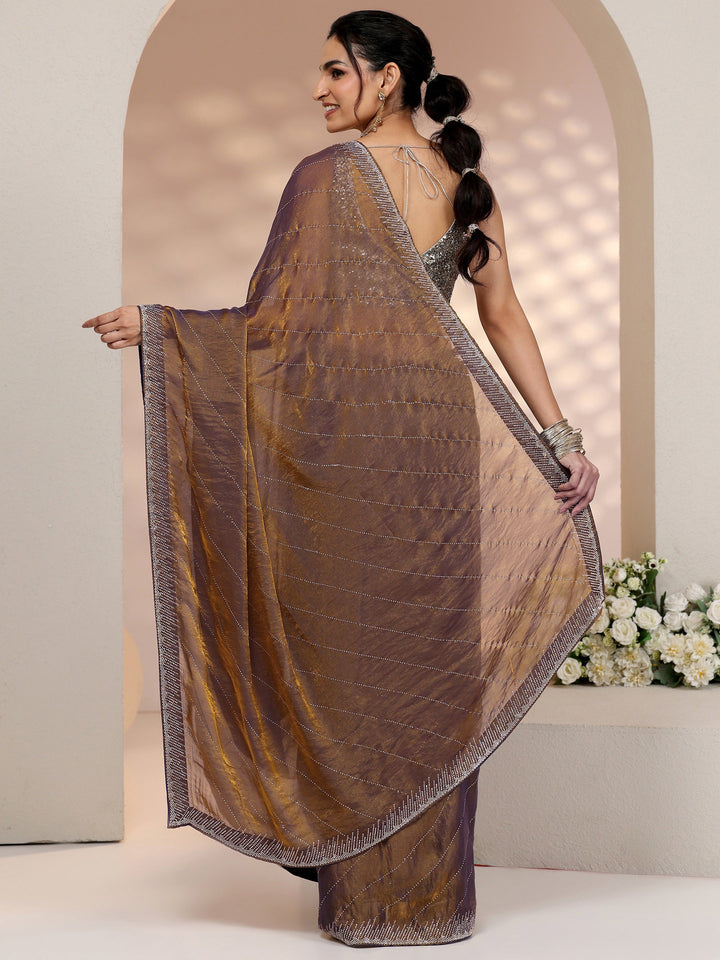 Libas Lavender Stone Work Striped Embellished Tissue Saree