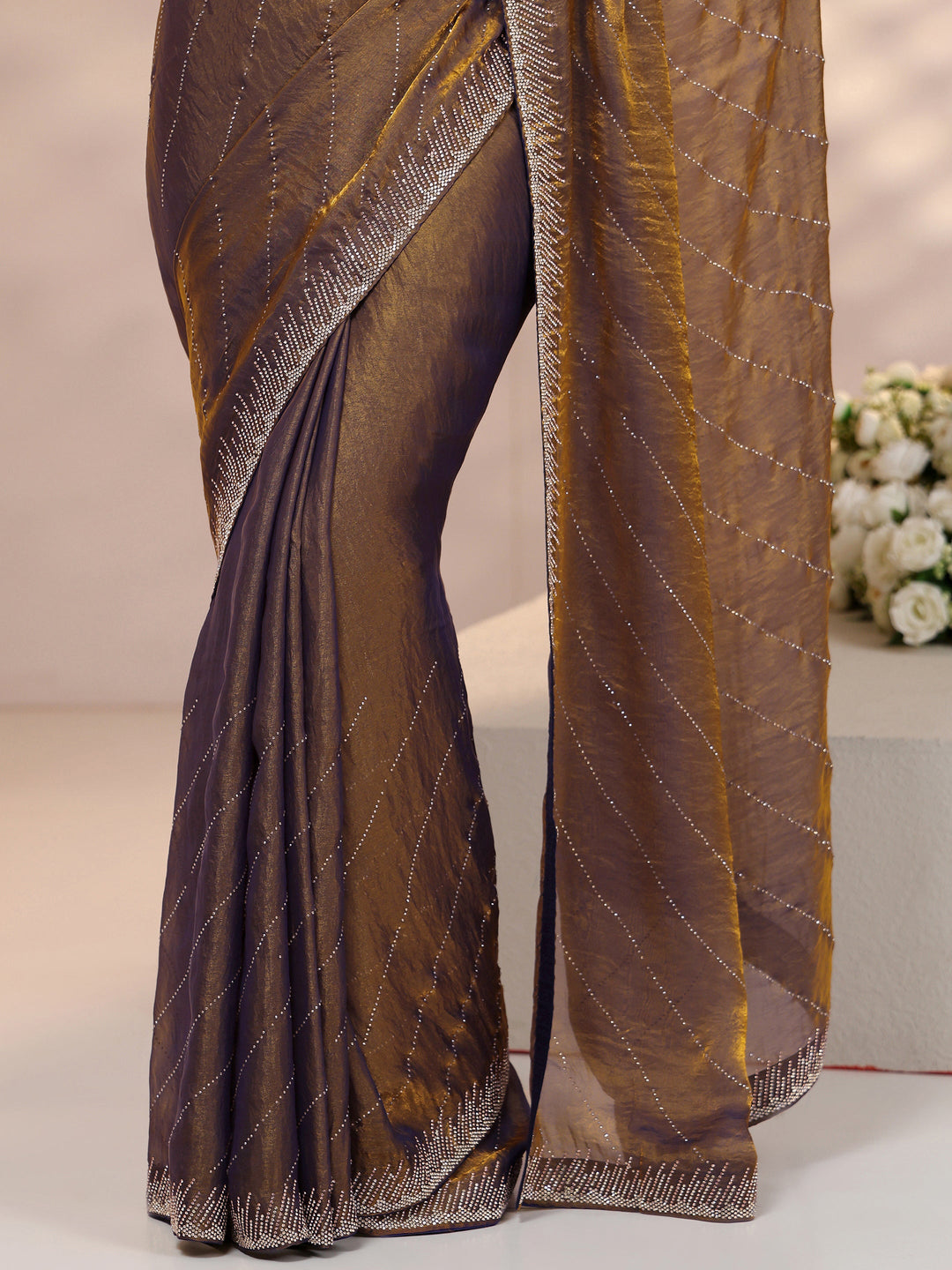 Libas Lavender Stone Work Striped Embellished Tissue Saree