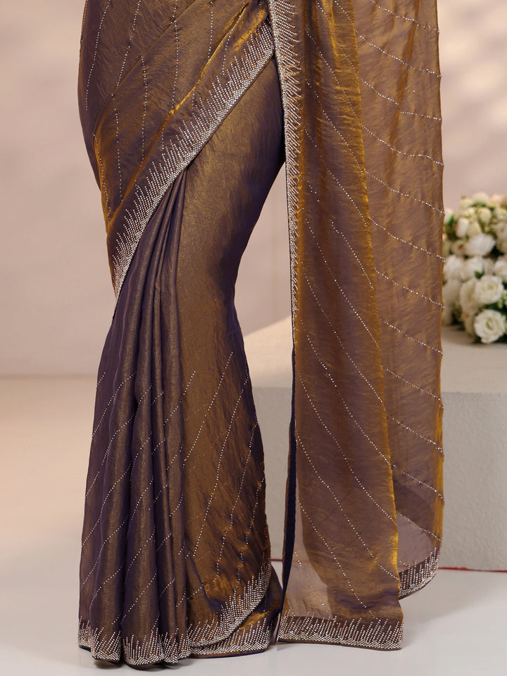 Libas Lavender Stone Work Striped Embellished Tissue Saree
