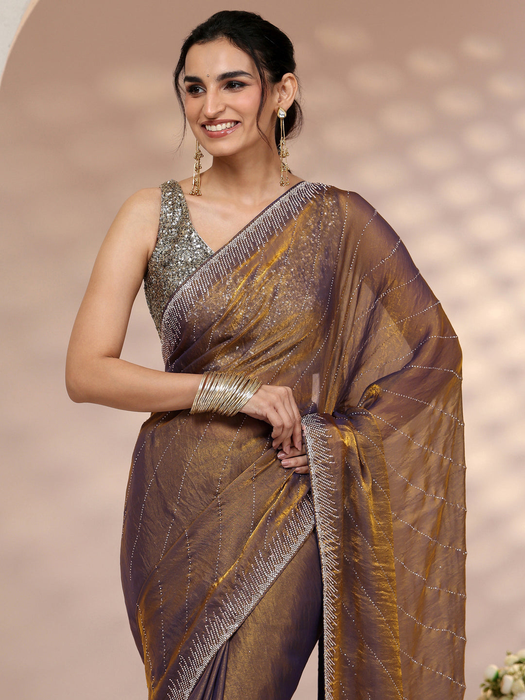 Libas Lavender Stone Work Striped Embellished Tissue Saree
