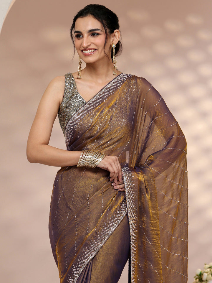 Libas Lavender Stone Work Striped Embellished Tissue Saree