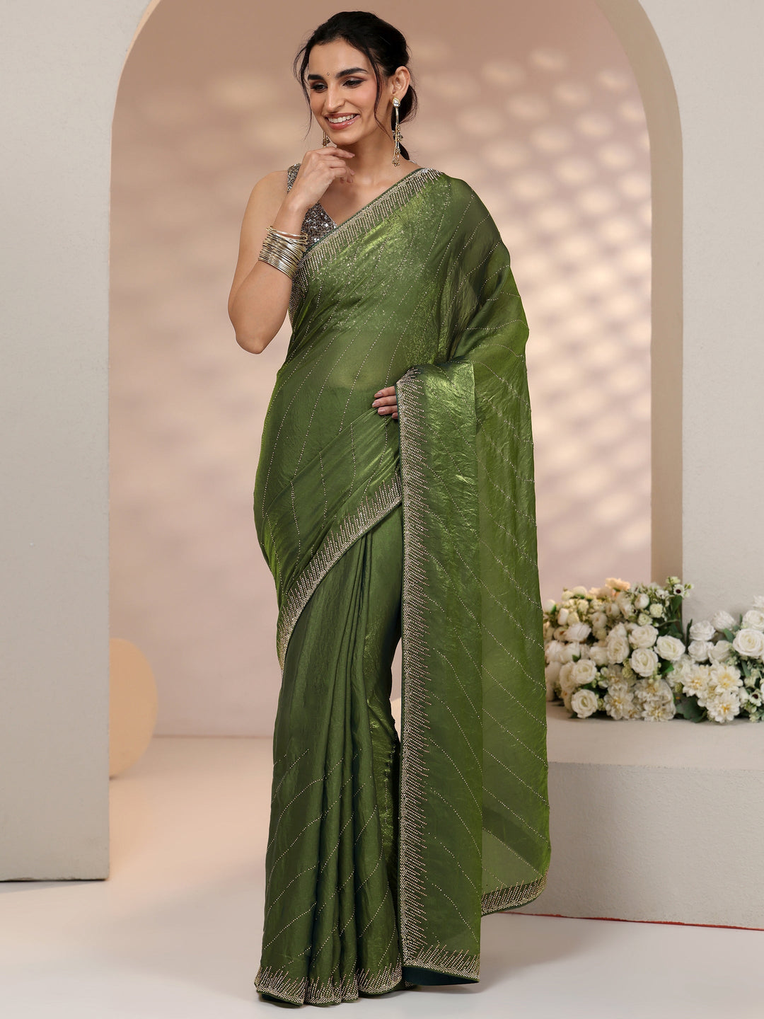 Libas Olive Green Stone Work Striped Embellished Tissue Saree