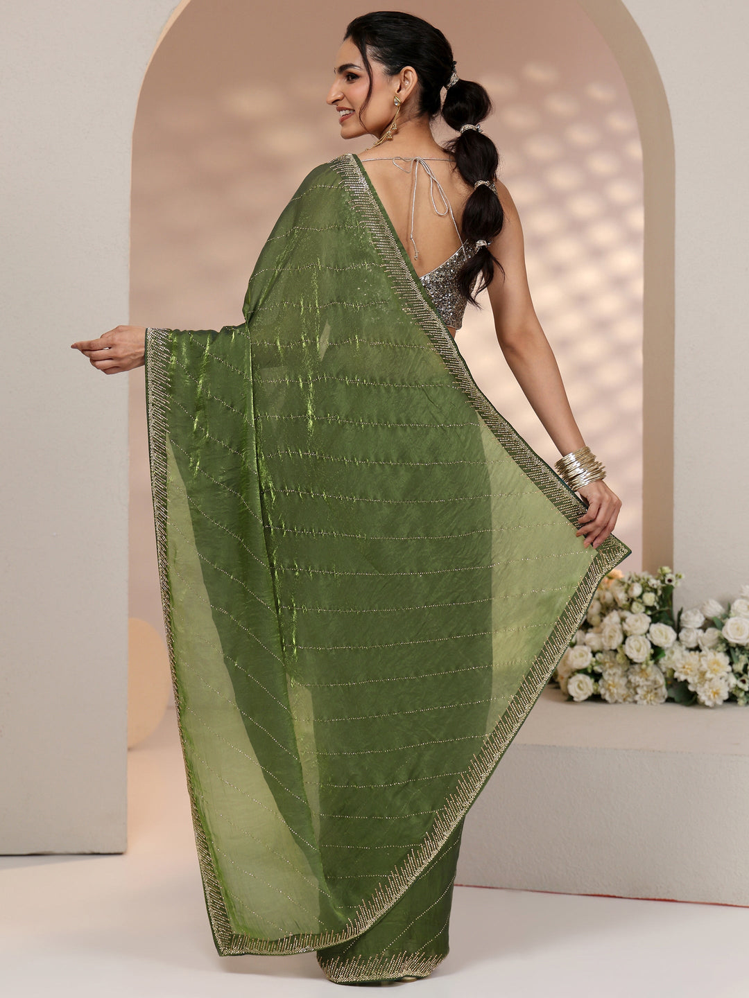 Libas Olive Green Stone Work Striped Embellished Tissue Saree