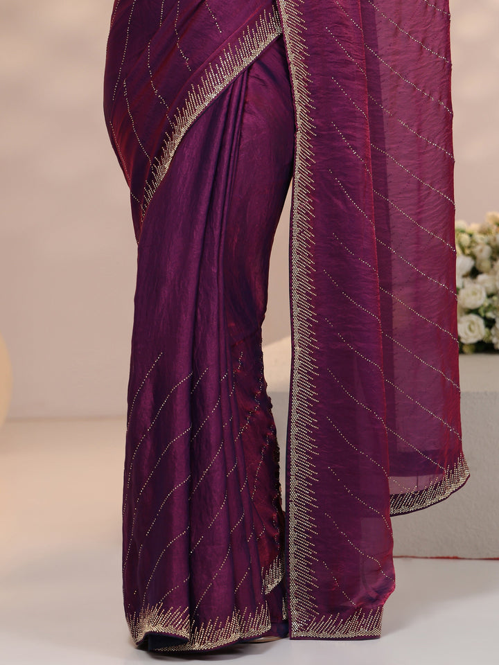 Libas Plum Purple Stone Work Striped Embellished Tissue Saree