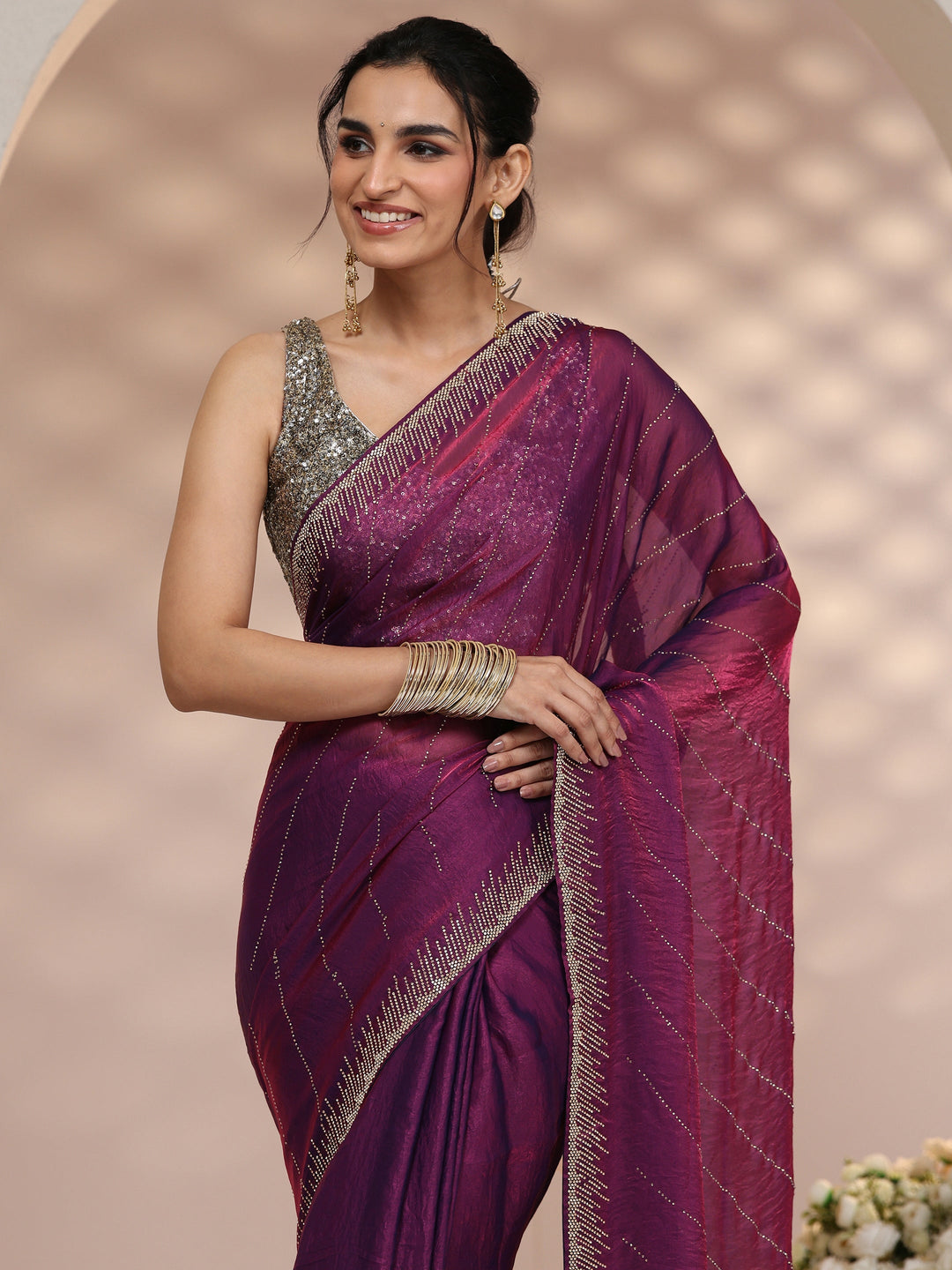 Libas Plum Purple Stone Work Striped Embellished Tissue Saree
