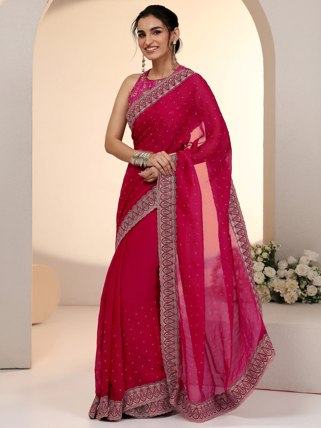 Libas Fuchsia Pink Stone Work Striped Embellished Tissue Saree