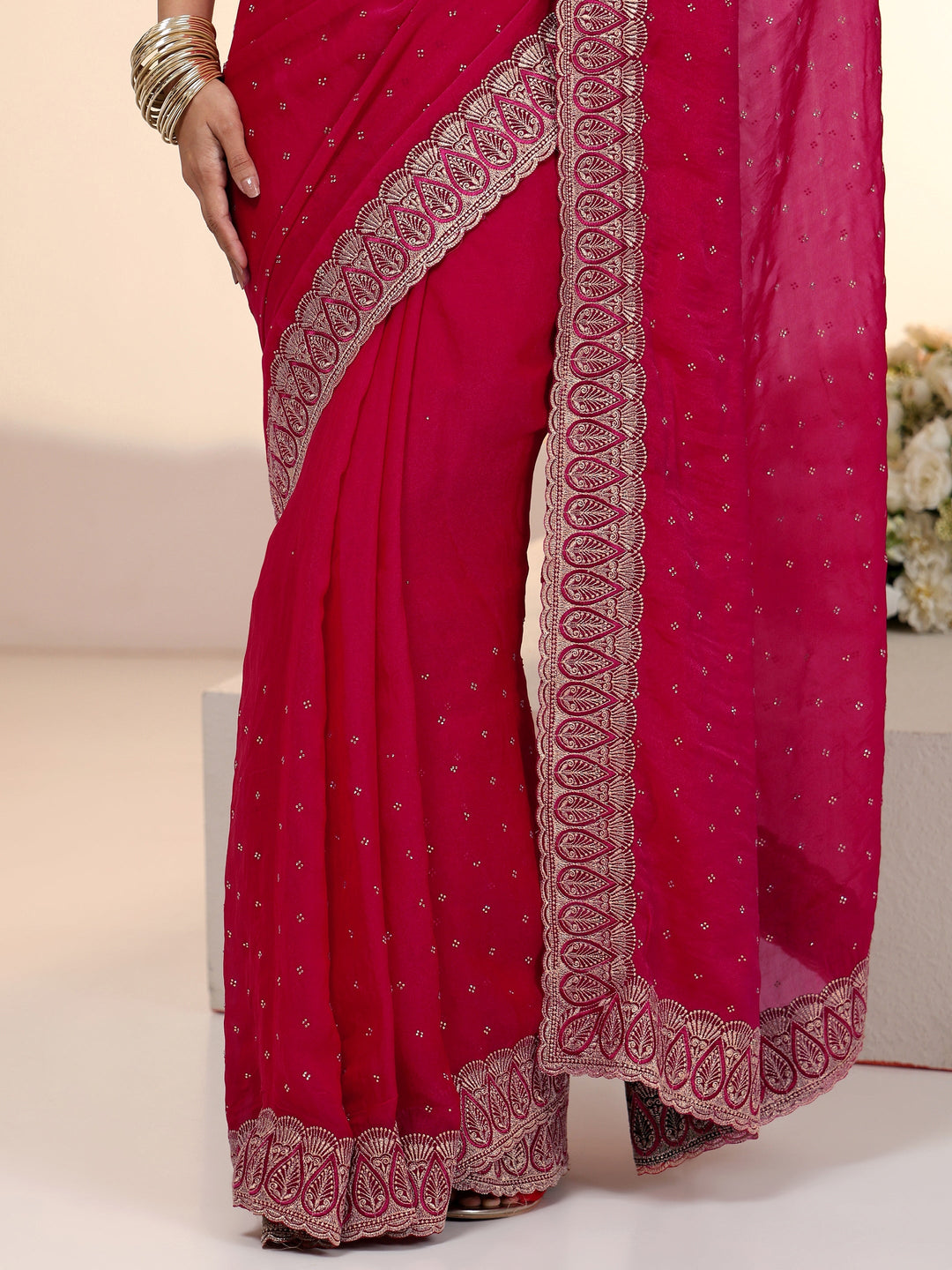 Libas Fuchsia Pink Stone Work Striped Embellished Tissue Saree
