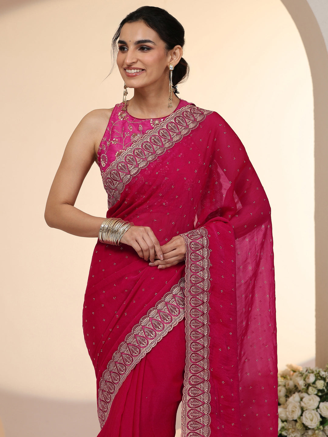 Libas Fuchsia Pink Stone Work Striped Embellished Tissue Saree