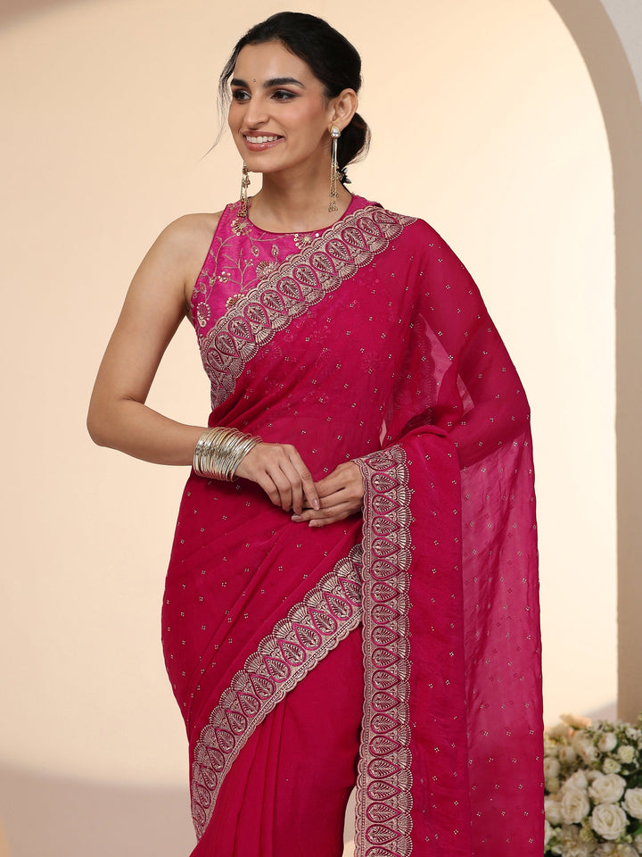 Libas Fuchsia Pink Stone Work Striped Embellished Tissue Saree