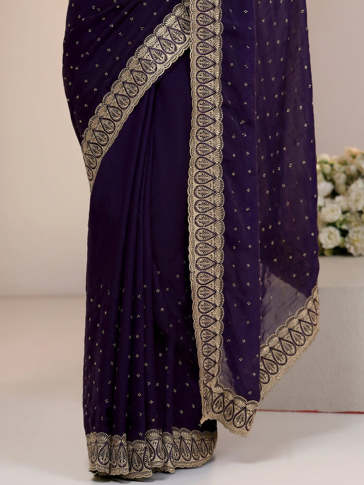 Libas Amethyst Purple Tissue Saree with Floral Embellishments