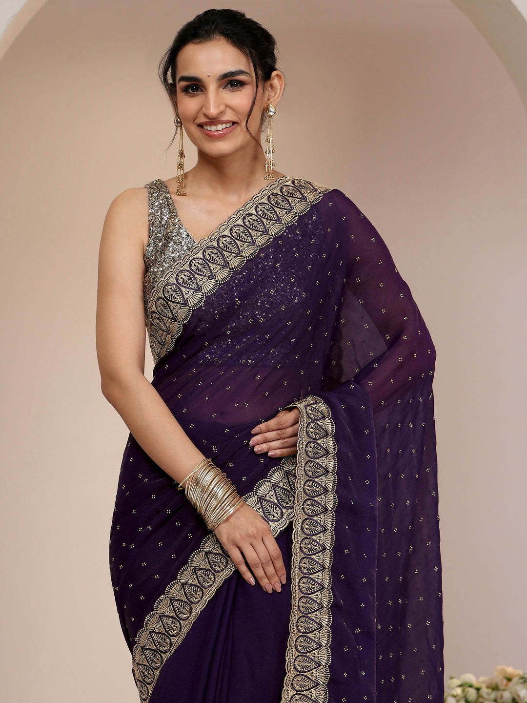 Libas Amethyst Purple Tissue Saree with Floral Embellishments