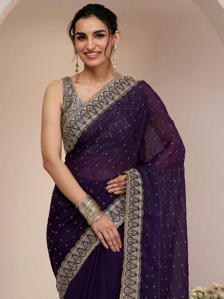 Libas Amethyst Purple Tissue Saree with Floral Embellishments