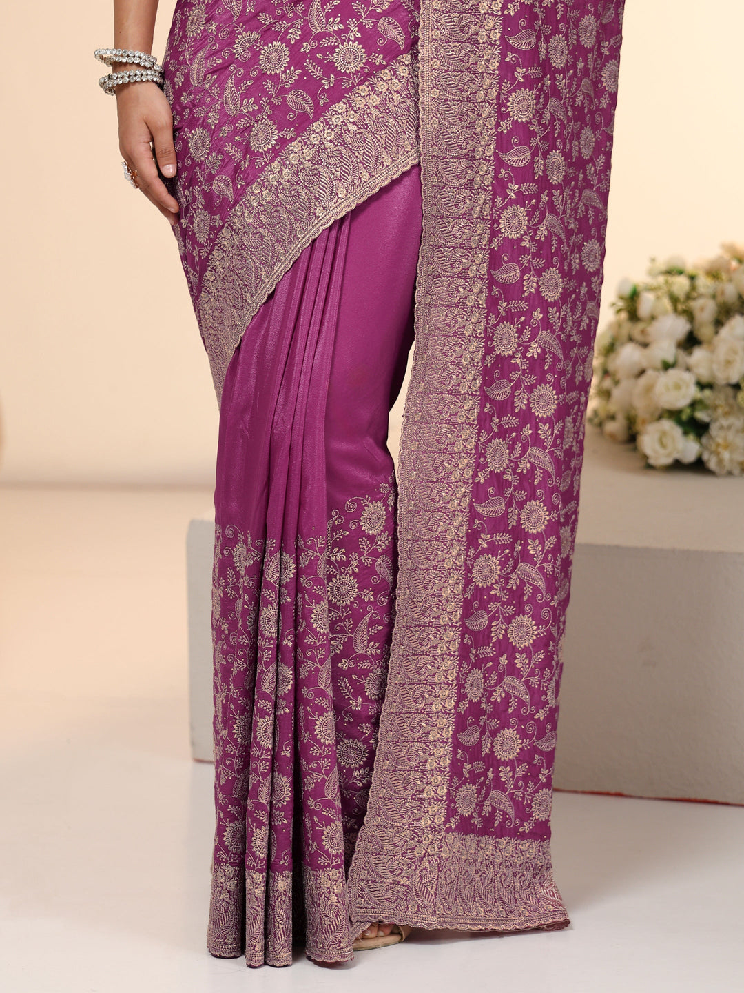 Libas Mauve Satin Saree with Floral Embellishments