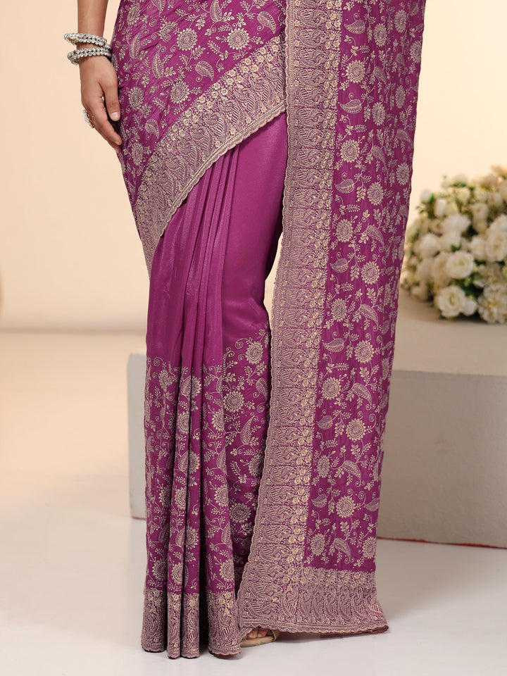 Libas Mauve Satin Saree with Floral Embellishments
