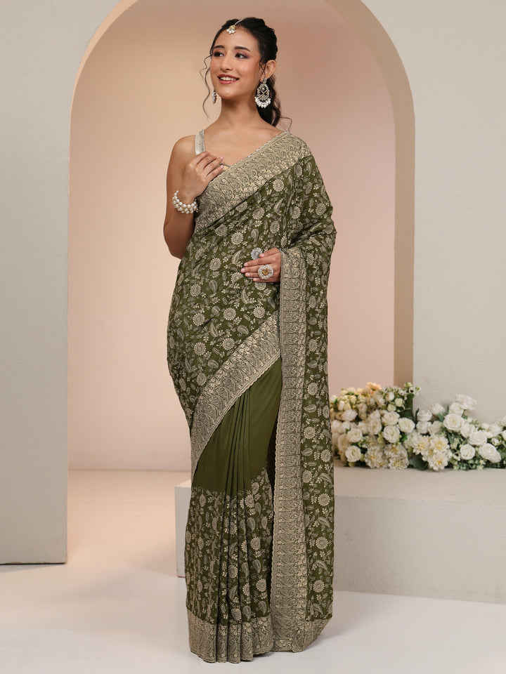 Libas Leaf Green Satin Saree with Floral Embellishments