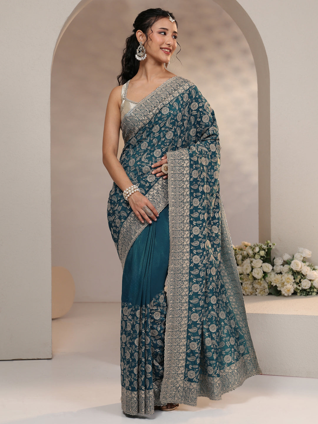 Libas Slate Blue Satin Saree with Floral Embellishments