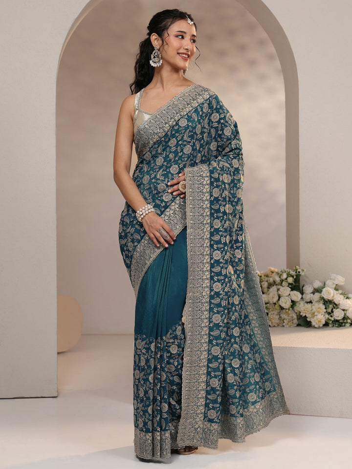 Libas Slate Blue Satin Saree with Floral Embellishments