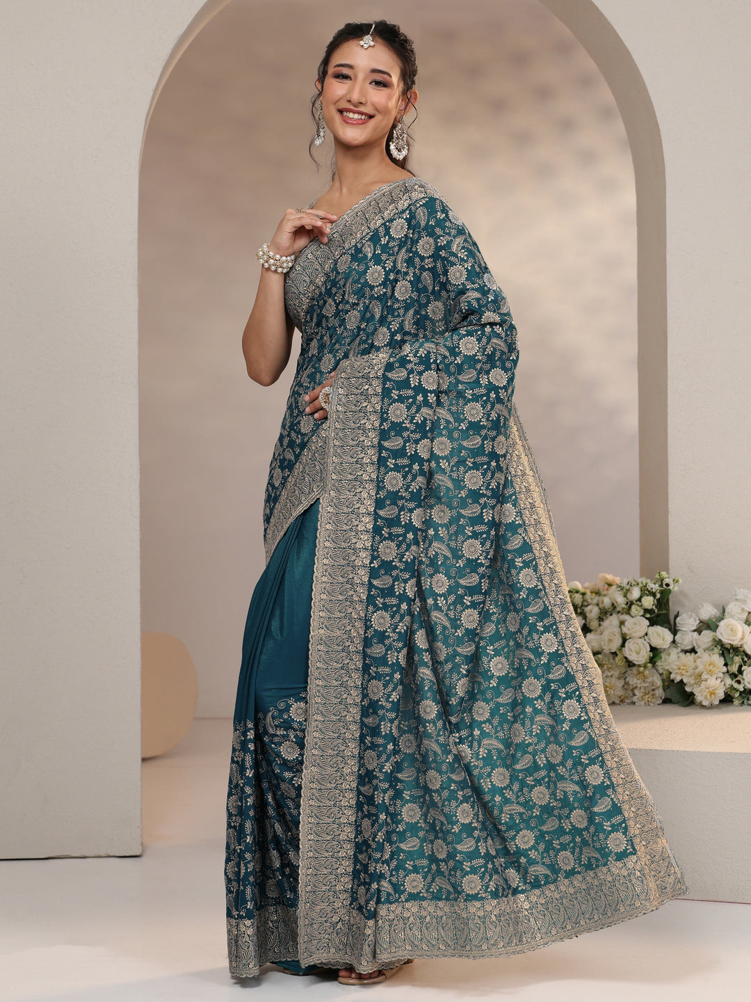 Libas Slate Blue Satin Saree with Floral Embellishments