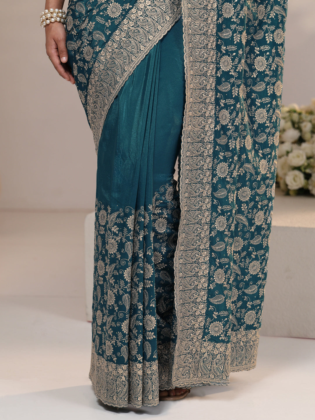 Libas Slate Blue Satin Saree with Floral Embellishments