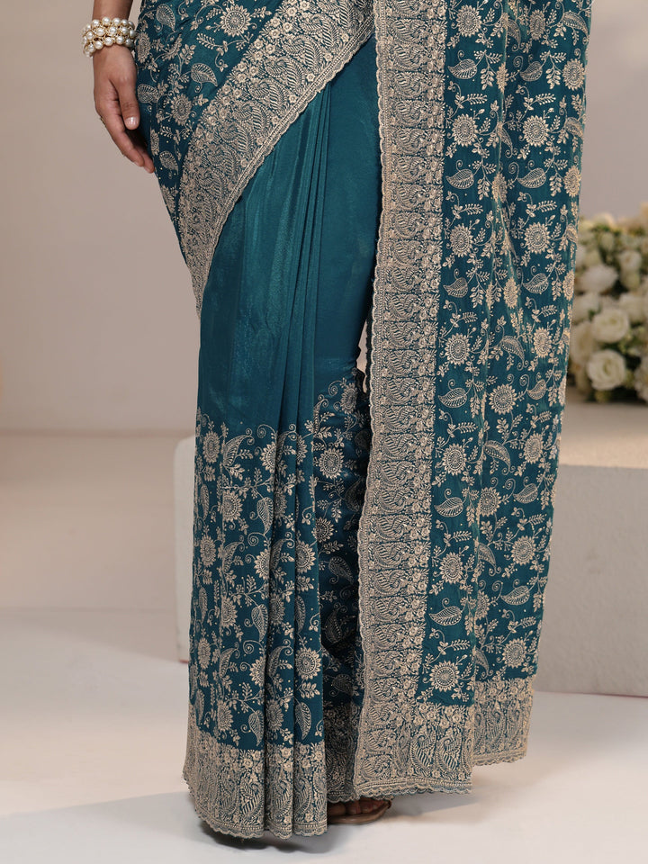 Libas Slate Blue Satin Saree with Floral Embellishments
