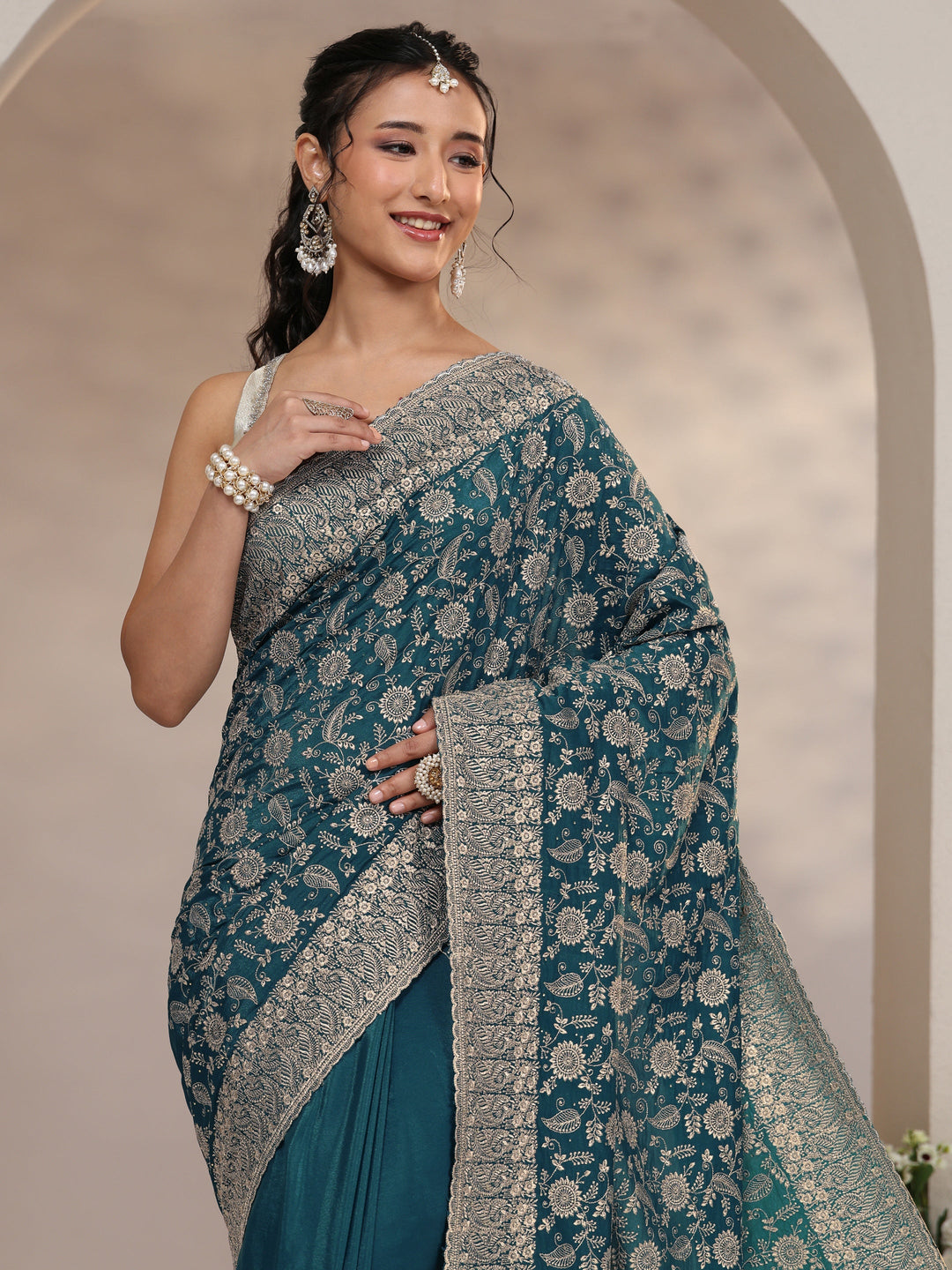 Libas Slate Blue Satin Saree with Floral Embellishments