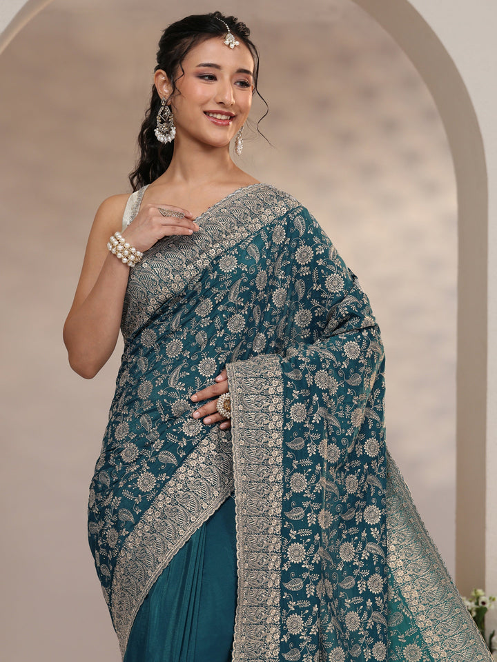 Libas Slate Blue Satin Saree with Floral Embellishments