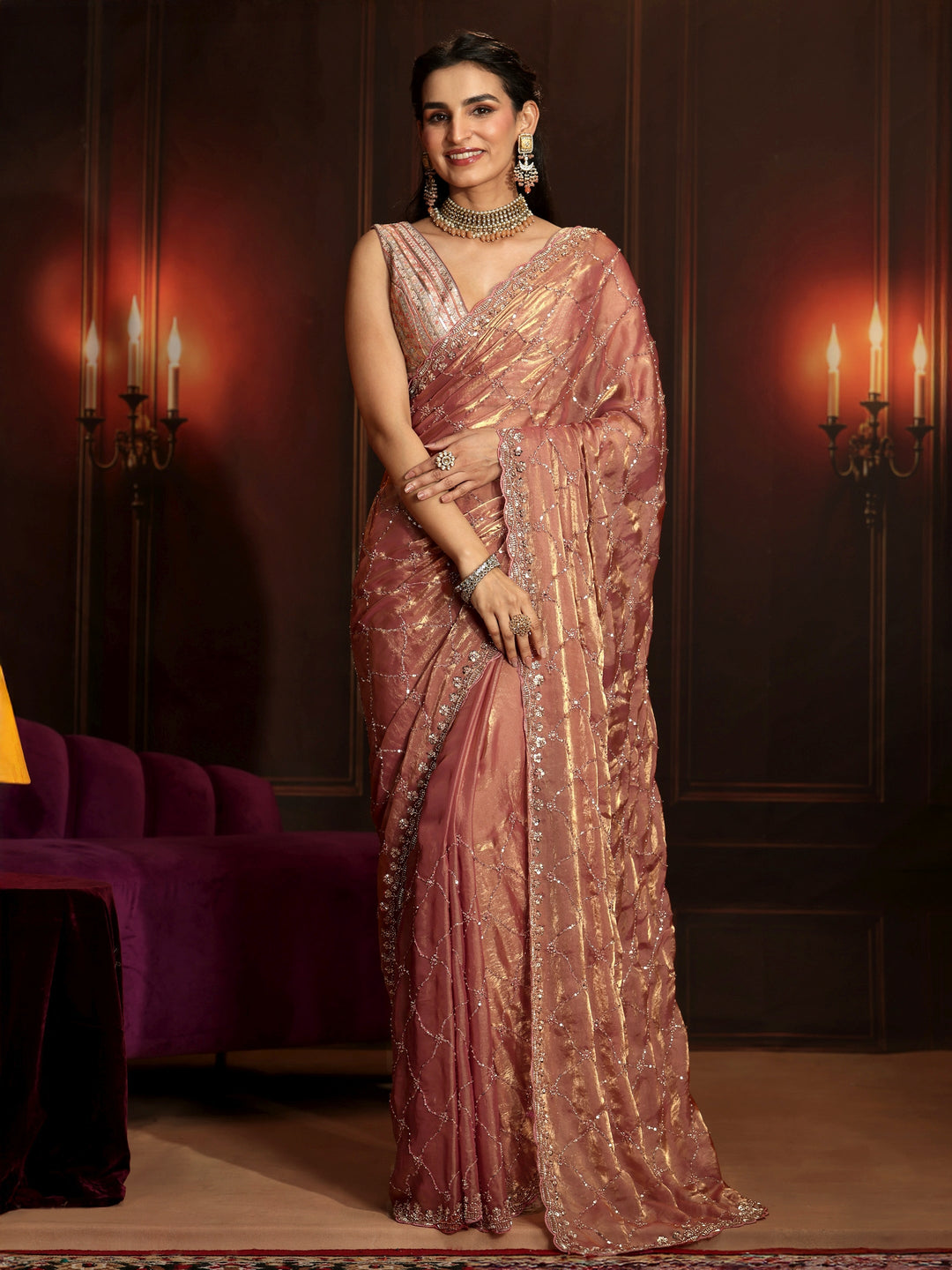Libas Art Peach Pink Embellished Tissue Saree