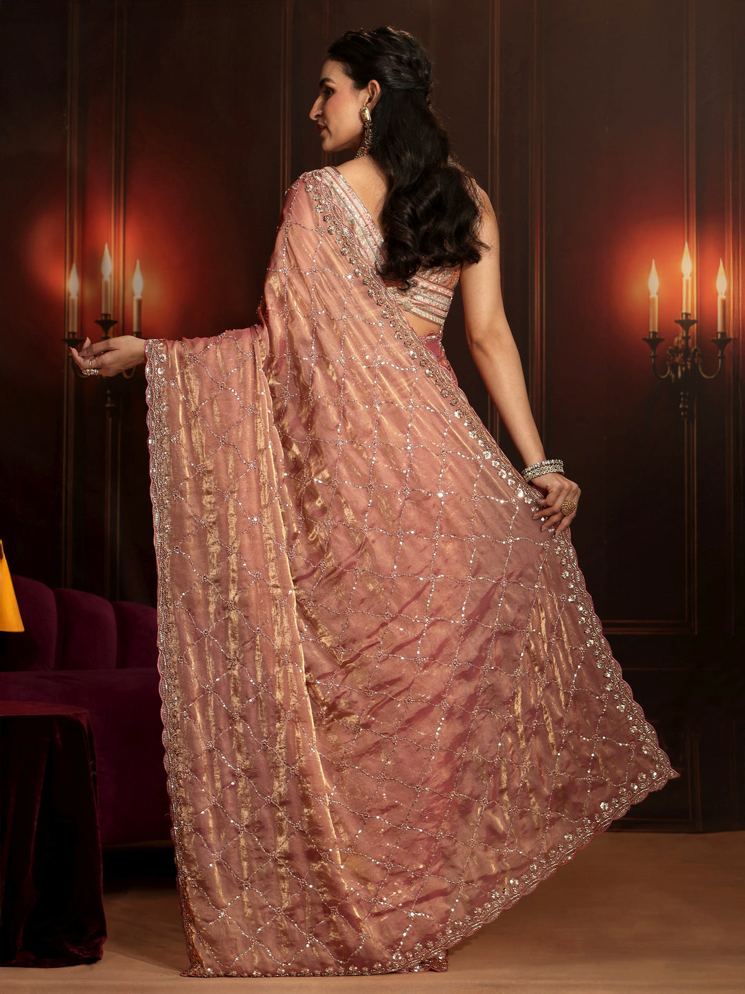 Libas Art Peach Pink Embellished Tissue Saree